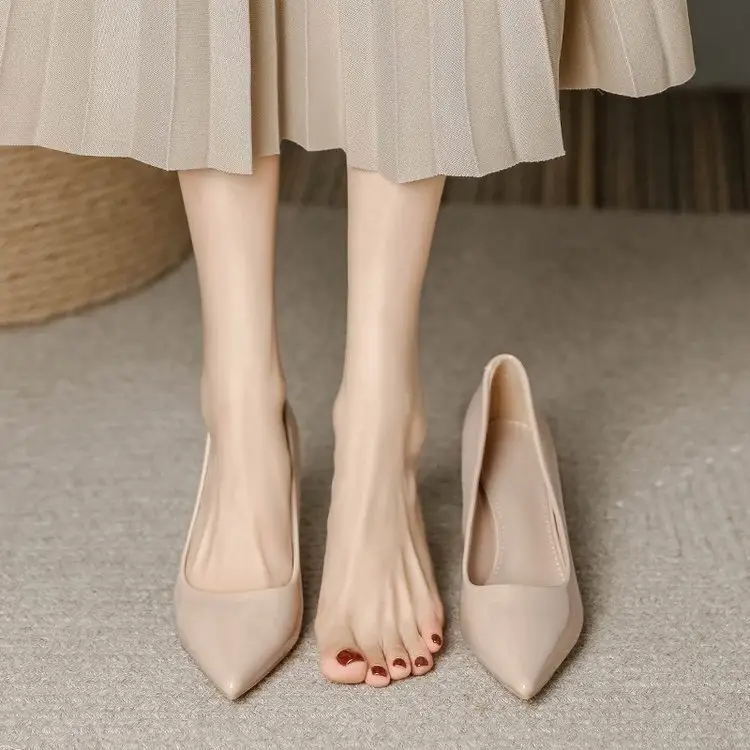 Nude High Heels Women's Thick Heel Soft Leather 2025 Spring New Elegant Pointed Toe Shoes with Skirts That Are Not Tiring for Feet 5cm Flats - Image 6