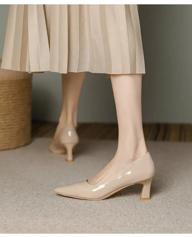 Nude High Heels Women's Thick Heel Soft Leather 2025 Spring New Elegant Pointed Toe Shoes with Skirts That Are Not Tiring for Feet 5cm Flats — feature 14