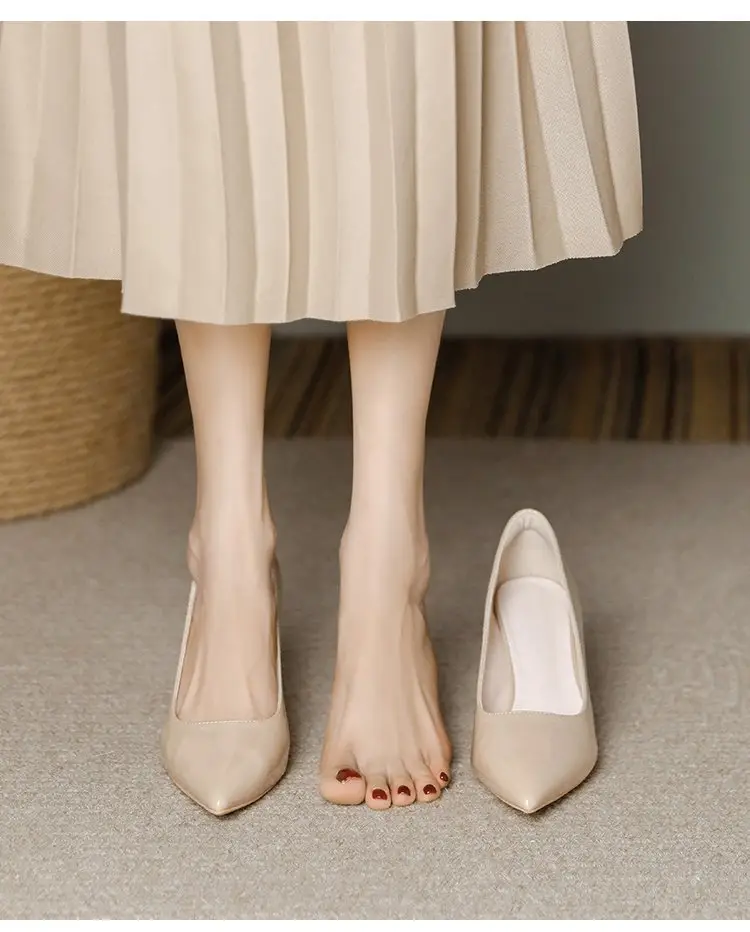 Nude High Heels Women's Thick Heel Soft Leather 2025 Spring New Elegant Pointed Toe Shoes with Skirts That Are Not Tiring for Feet 5cm Flats — feature 2
