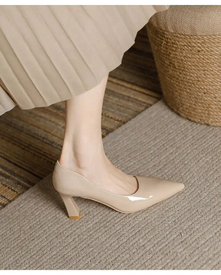Nude High Heels Women's Thick Heel Soft Leather 2025 Spring New Elegant Pointed Toe Shoes with Skirts That Are Not Tiring for Feet 5cm Flats — feature 4