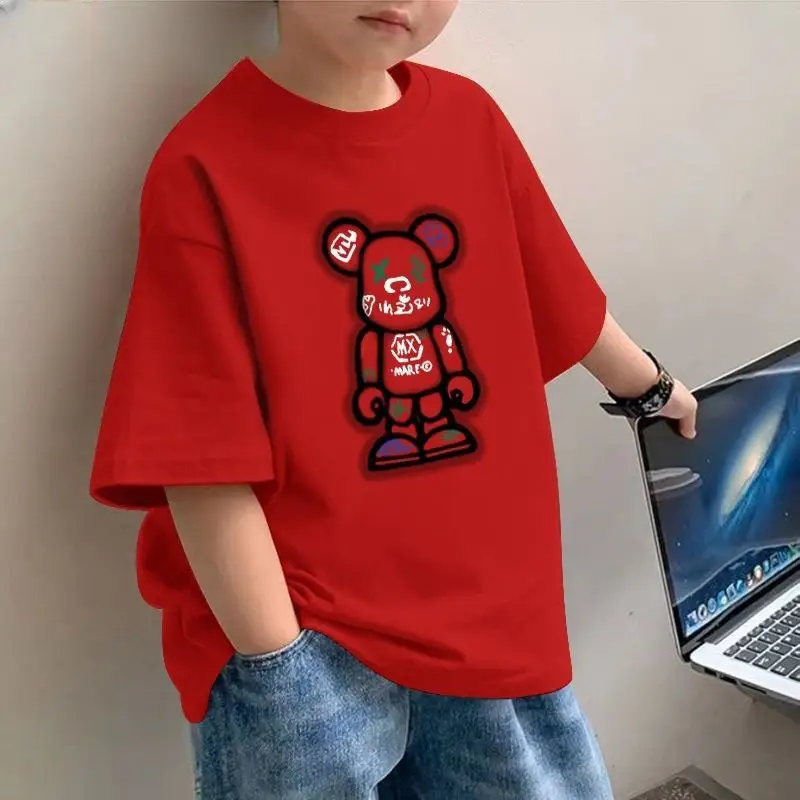Cotton Bear Print Boys T-Shirt Red Blue 2025 - Image 4