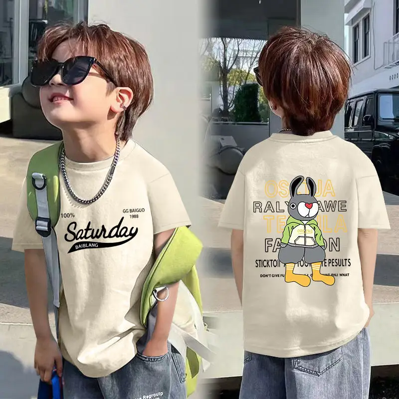 Boys Cotton T-Shirt Summer Cartoon Mid Big Kids Loose Handsome - Image 5