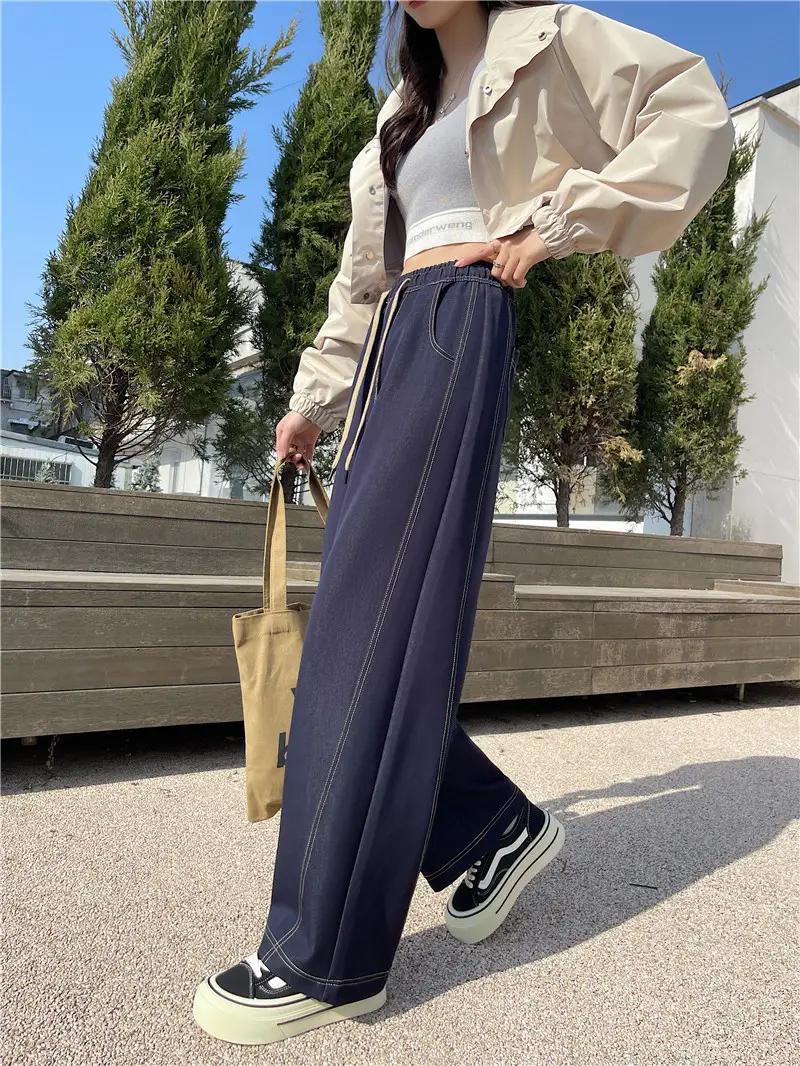 Dark Blue Wide Leg Pants with High Waist Casual Wear
