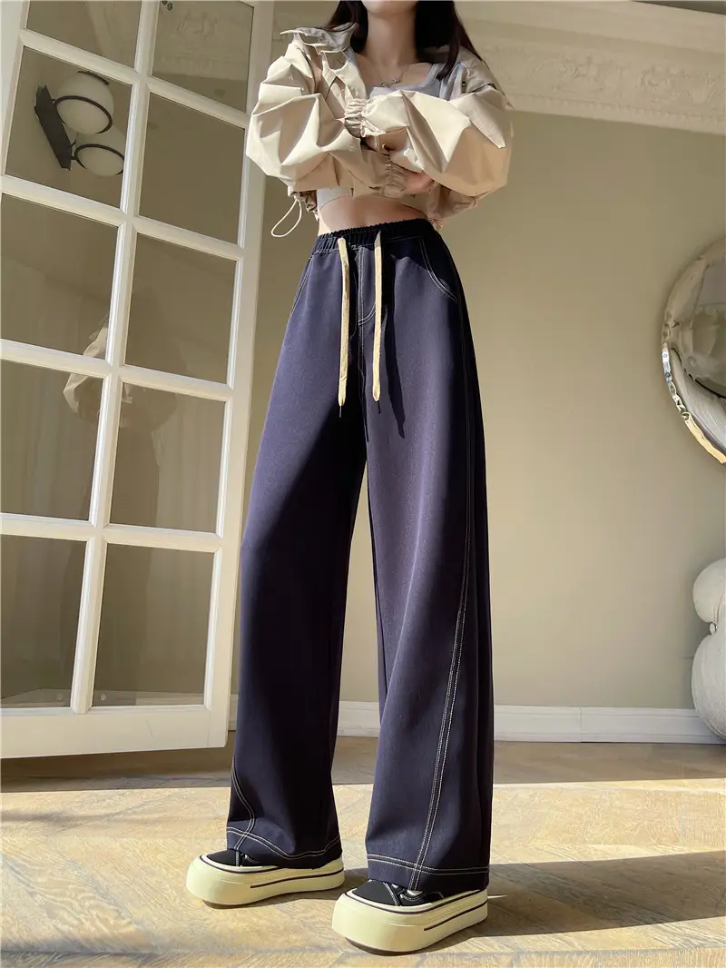 Dark Blue Wide Leg Pants with High Waist Casual Wear