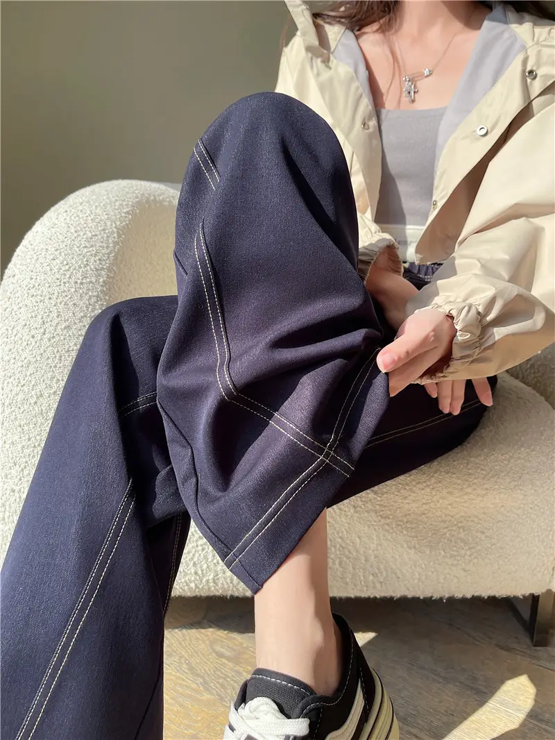 Dark Blue Wide Leg Pants with High Waist Casual Wear