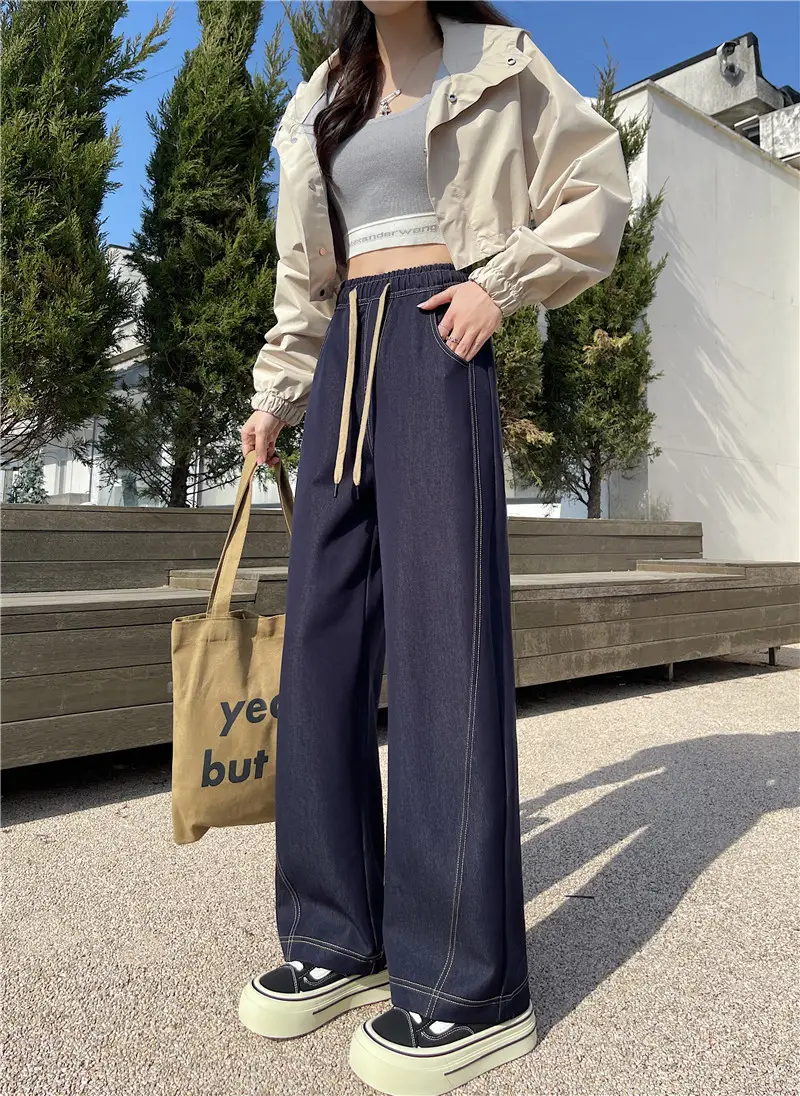 Dark Blue Wide Leg Pants with High Waist Casual Wear — feature 10