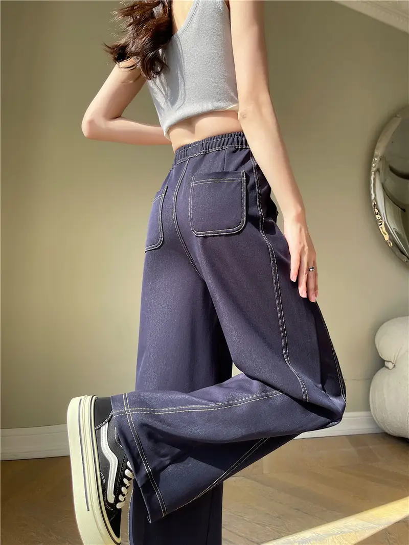 Dark Blue Wide Leg Pants with High Waist Casual Wear — feature 13