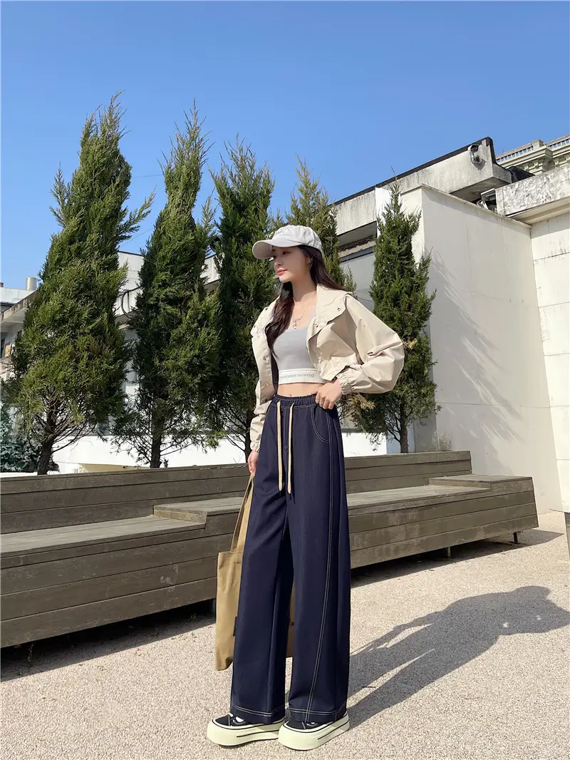 Dark Blue Wide Leg Pants with High Waist Casual Wear — feature 9