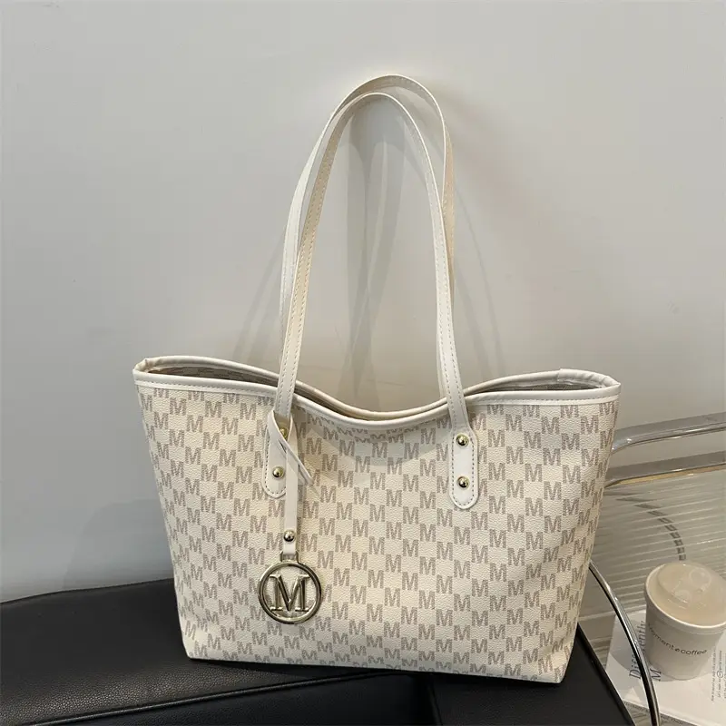 Women's White Checkered Shoulder Bag with MM Logo - Image 2