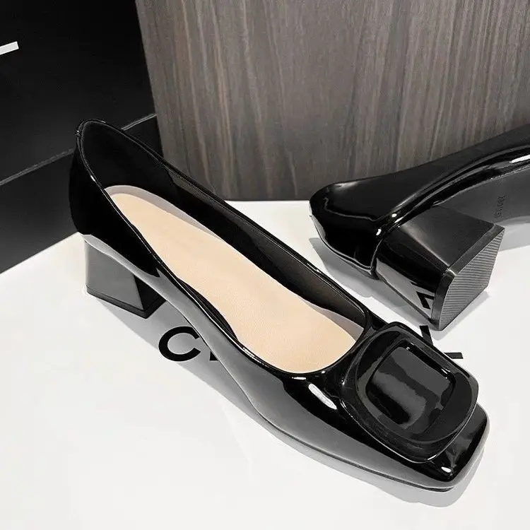 Square toe block heel shoes women's 2025 spring new French square buckle nude elegant shallow patent leather high heels 5cm - Image 4