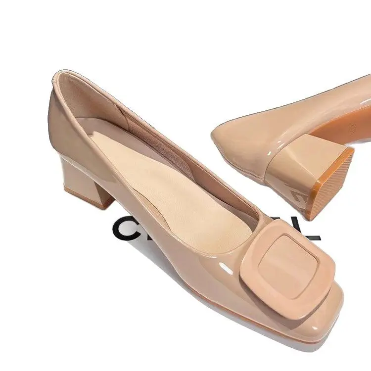 Square toe block heel shoes women's 2025 spring new French square buckle nude elegant shallow patent leather high heels 5cm - Image 7
