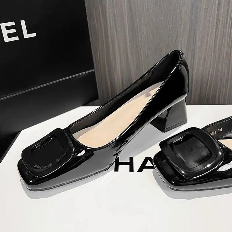 Square toe block heel shoes women's 2025 spring new French square buckle nude elegant shallow patent leather high heels 5cm — feature 10
