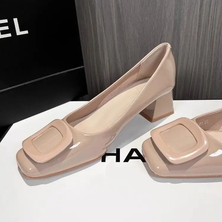 Square toe block heel shoes women's 2025 spring new French square buckle nude elegant shallow patent leather high heels 5cm — feature 3