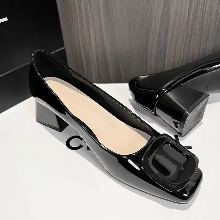 Square toe block heel shoes women's 2025 spring new French square buckle nude elegant shallow patent leather high heels 5cm — feature 7