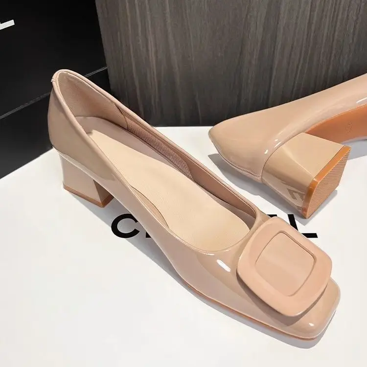 Square toe block heel shoes women's 2025 spring new French square buckle nude elegant shallow patent leather high heels 5cm — feature 9