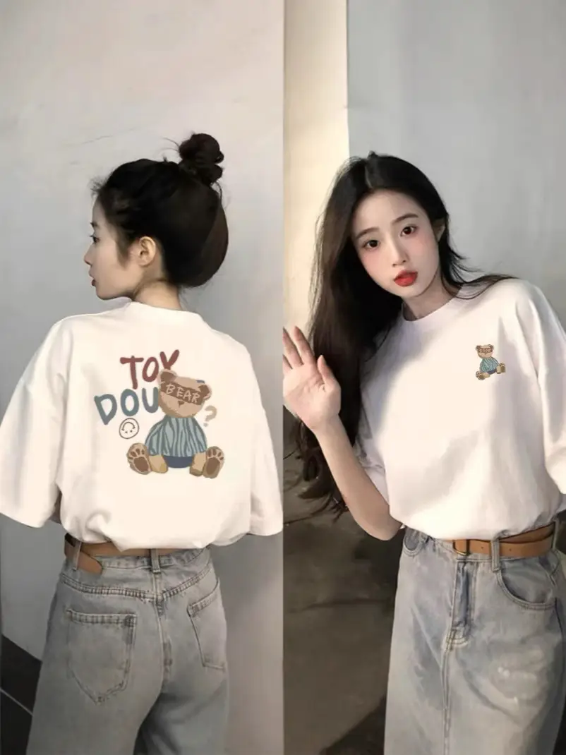 Red Teddy Bear Print Women T-shirt Short Sleeve Cotton