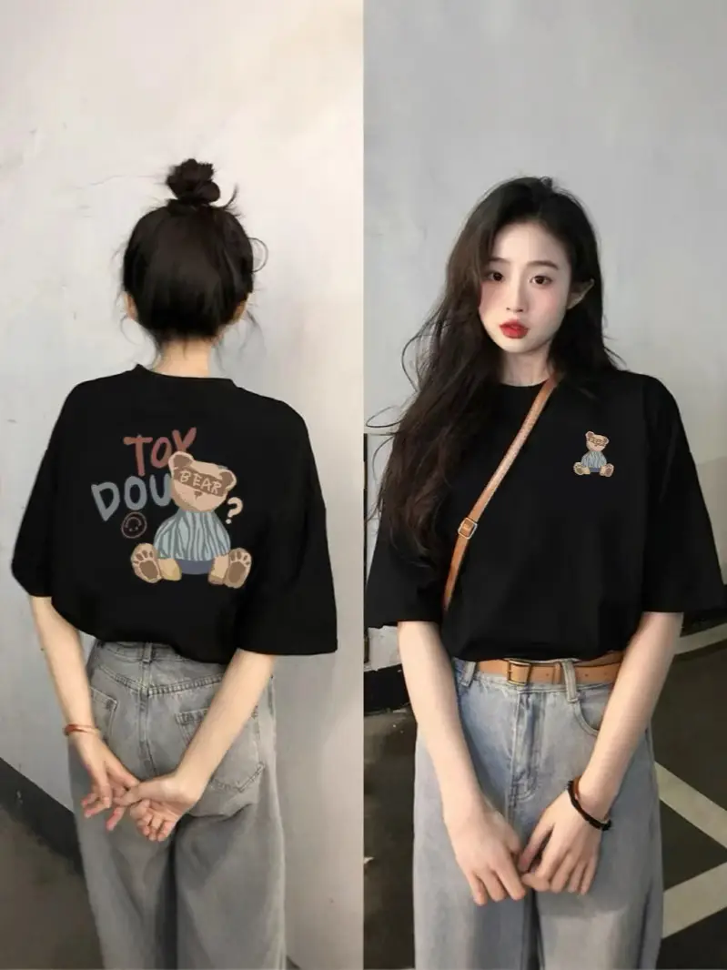 Red Teddy Bear Print Women T-shirt Short Sleeve Cotton
