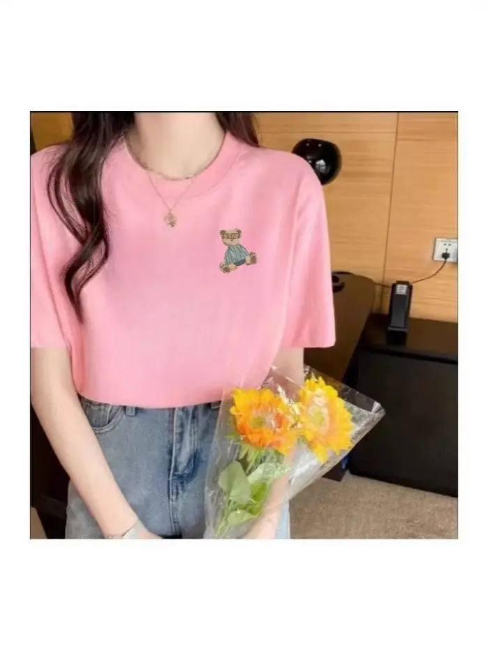 Red Teddy Bear Print Women T-shirt Short Sleeve Cotton
