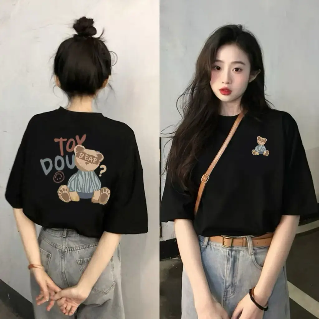 Red Teddy Bear Print Women T-shirt Short Sleeve Cotton