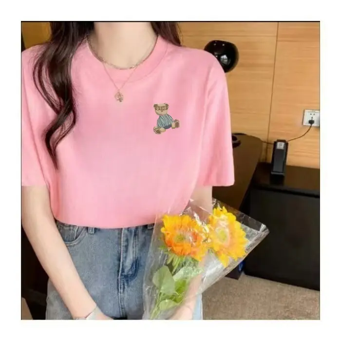 Red Teddy Bear Print Women T-shirt Short Sleeve Cotton