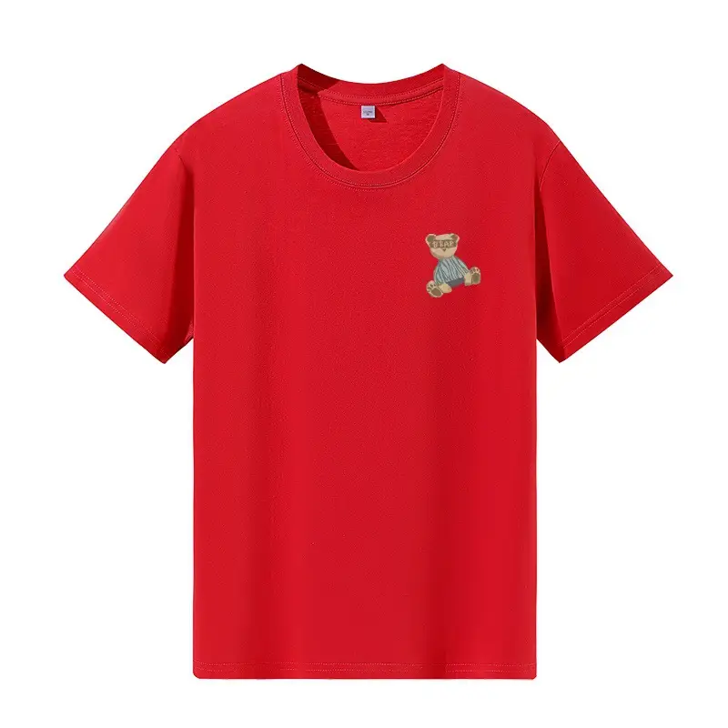 Red Teddy Bear Print Women T-shirt Short Sleeve Cotton