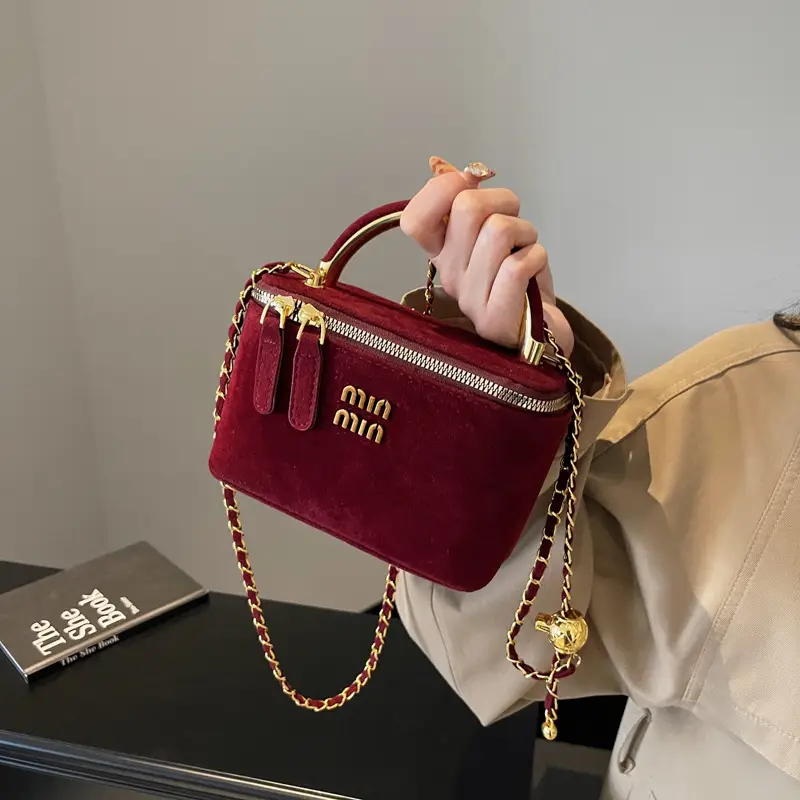 Women's Velvet Crossbody Bag Maroon Gold Chain 2025 - Image 7