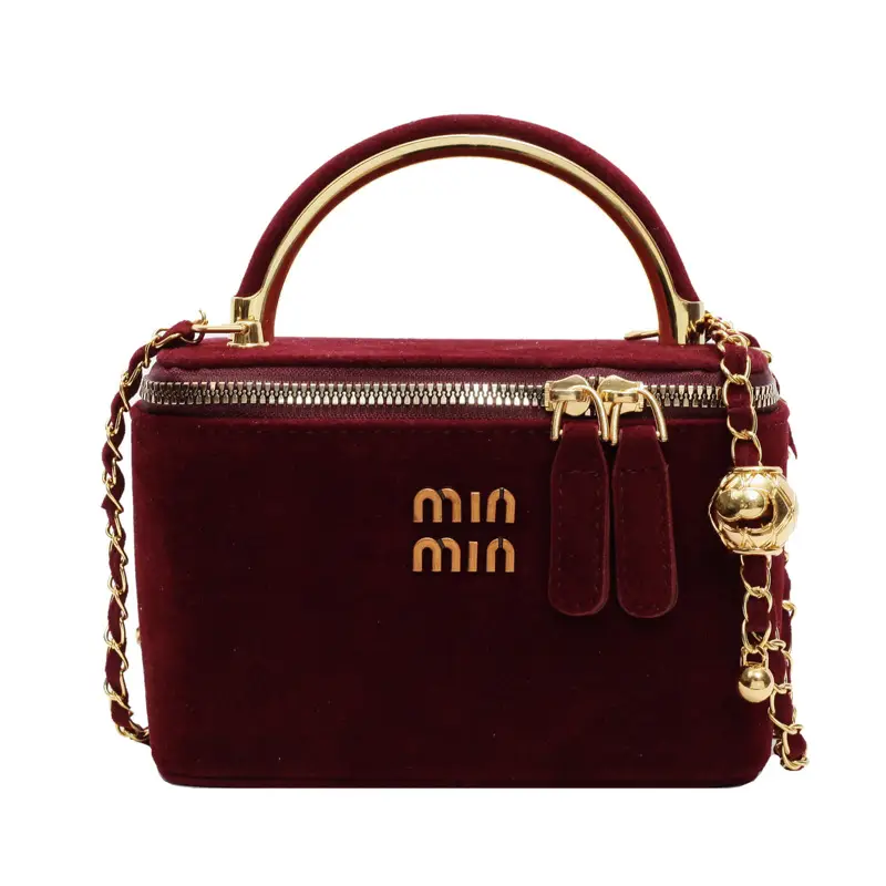 Women's Velvet Crossbody Bag Maroon Gold Chain 2025 - Image 4
