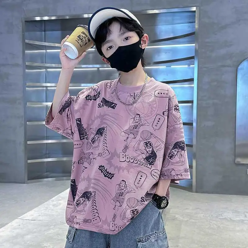 Boys Pink Printed Short Sleeve T-Shirt for Summer - Image 3