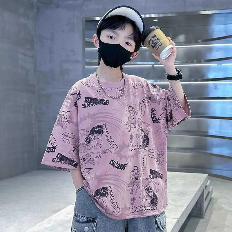 Boys Pink Printed Short Sleeve T-Shirt for Summer - Image 5