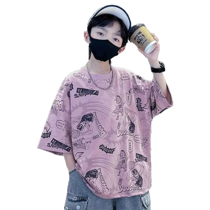 Boys Pink Printed Short Sleeve T-Shirt for Summer - Image 6