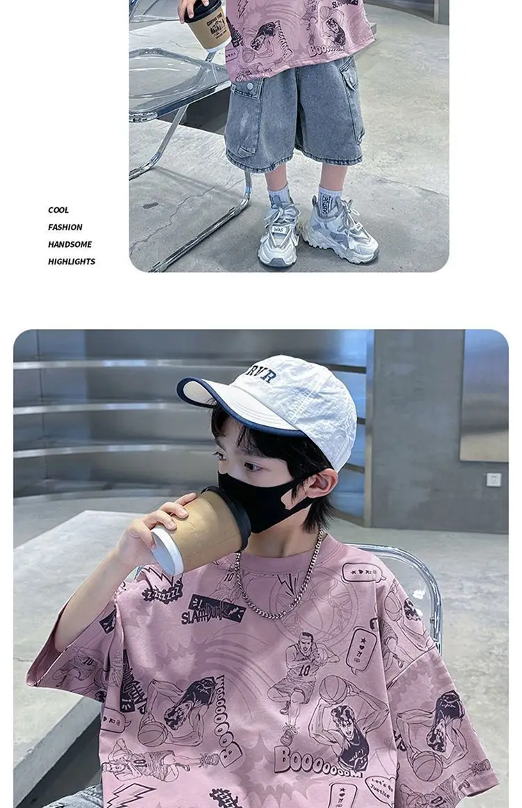 Boys Pink Printed Short Sleeve T-Shirt for Summer — feature 14