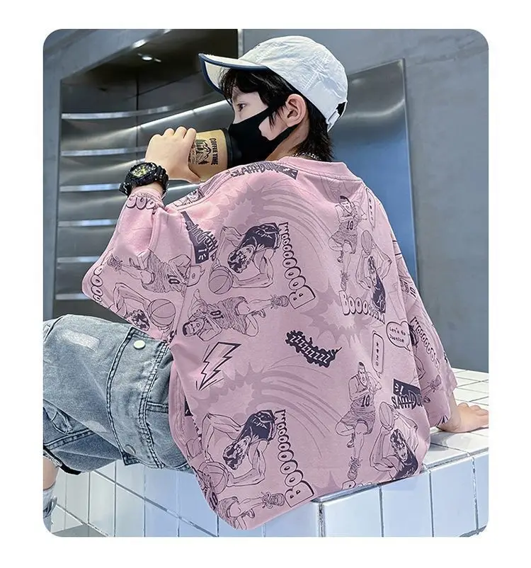 Boys Pink Printed Short Sleeve T-Shirt for Summer — feature 9