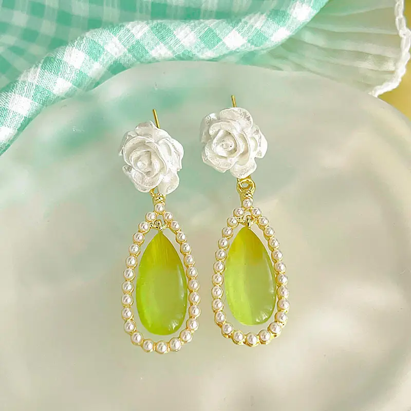 Green Gardenia Flower Earrings for Women 2025 Summer - Image 3