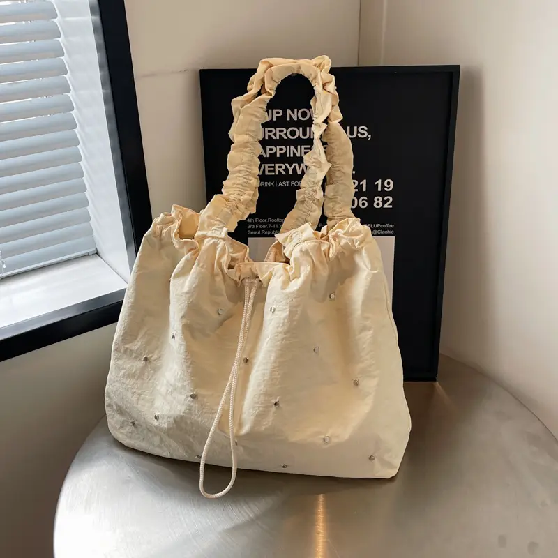 Women's Korean Style Rivet Shoulder Bag Cream - Image 5