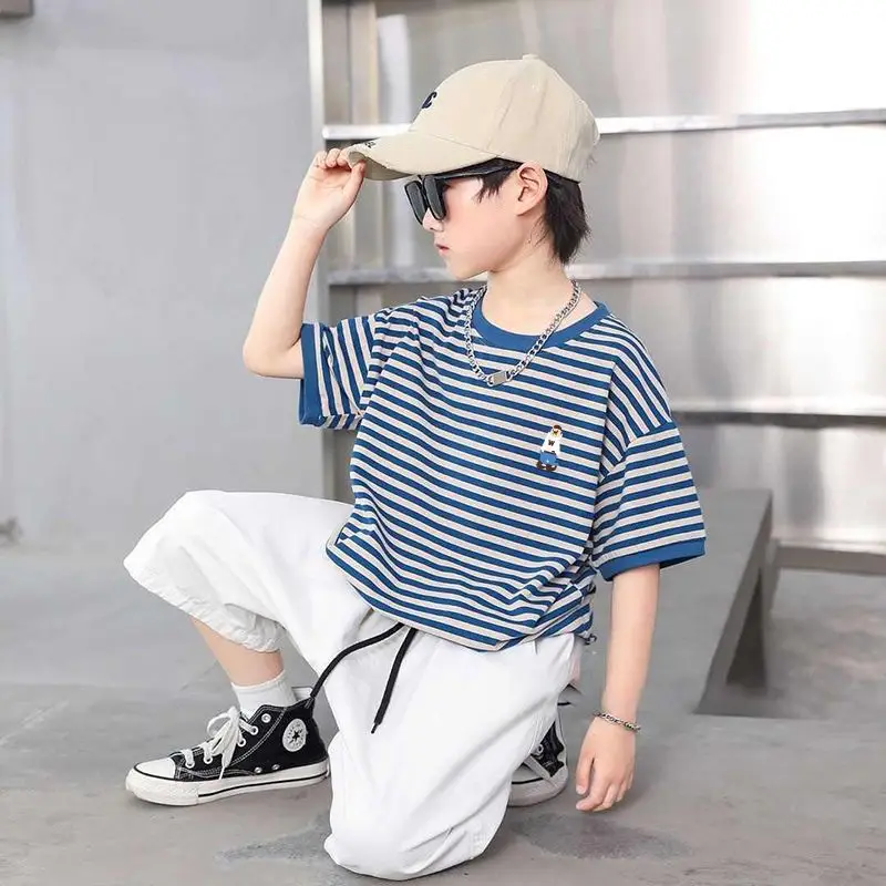 Boys Striped Cotton T-Shirt Medium Big Kids Half Sleeve - Image 2