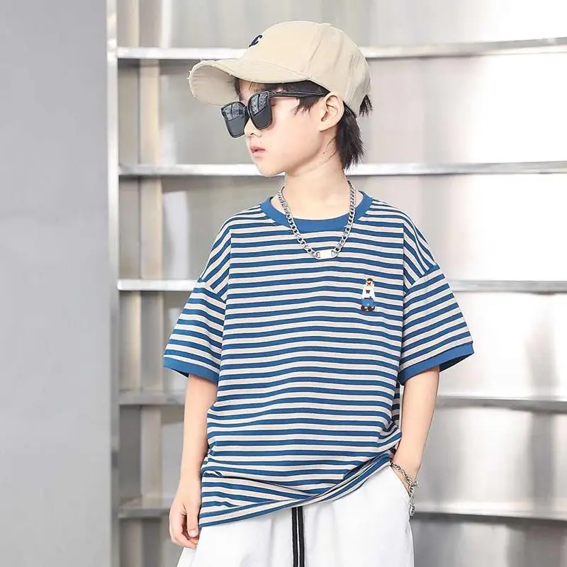 Boys Striped Cotton T-Shirt Medium Big Kids Half Sleeve - Image 3