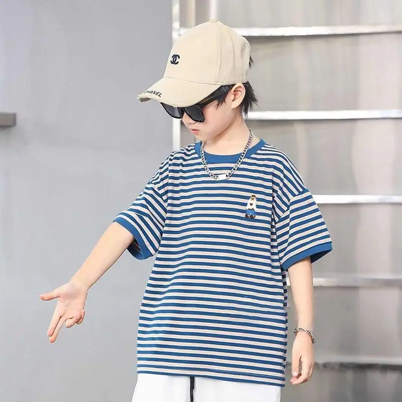 Boys Striped Cotton T-Shirt Medium Big Kids Half Sleeve - Image 4