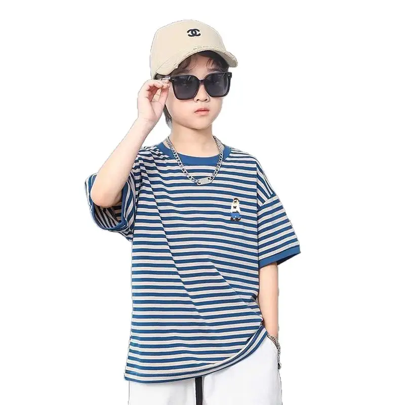 Boys Striped Cotton T-Shirt Medium Big Kids Half Sleeve - Image 6