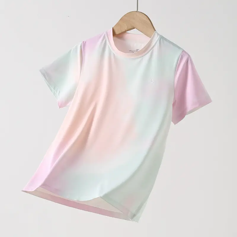 Ice Silk Tie-Dye Gradient Girls T-Shirt Pink White - Image 2