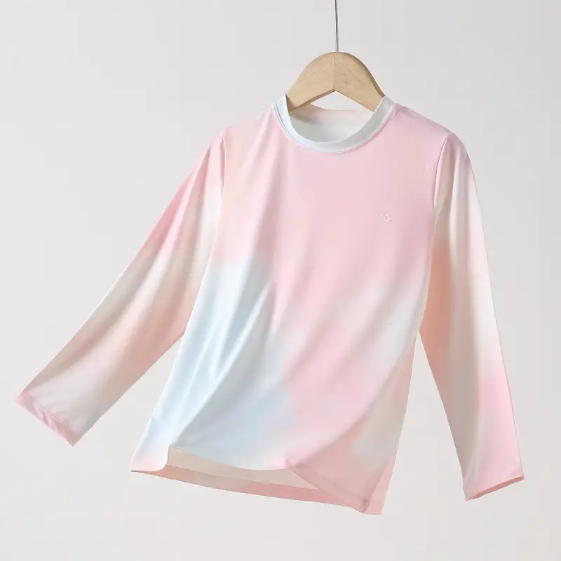 Ice Silk Tie-Dye Gradient Girls T-Shirt Pink White - Image 5