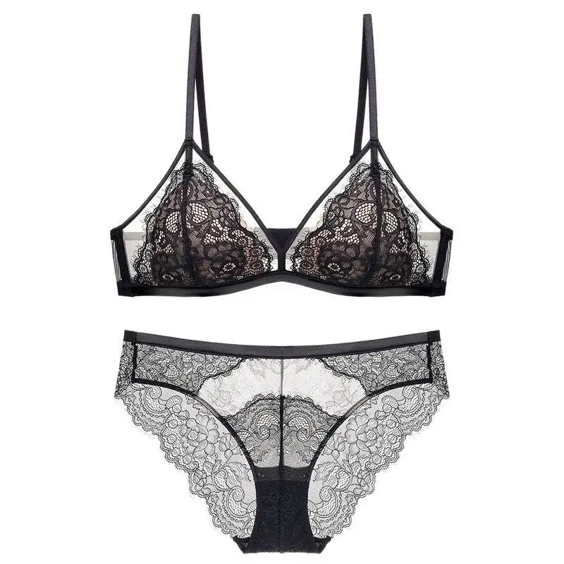 French Style Lace Push-up Underwear Women's Big Chest Small Super Thin Non-rimless Fixed Cup Sexy Pure Desire Bra suit