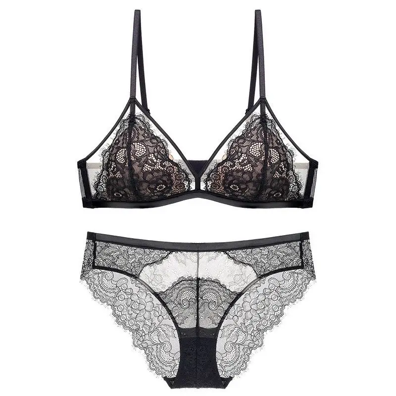 French Style Lace Push-up Underwear Women's Big Chest Small Super Thin Non-rimless Fixed Cup Sexy Pure Desire Bra suit — feature 16