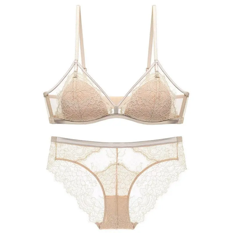 French Style Lace Push-up Underwear Women's Big Chest Small Super Thin Non-rimless Fixed Cup Sexy Pure Desire Bra suit — feature 17