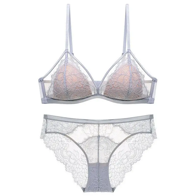 French Style Lace Push-up Underwear Women's Big Chest Small Super Thin Non-rimless Fixed Cup Sexy Pure Desire Bra suit — feature 19