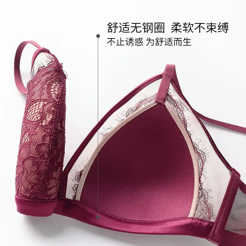 French Style Lace Push-up Underwear Women's Big Chest Small Super Thin Non-rimless Fixed Cup Sexy Pure Desire Bra suit — feature 20