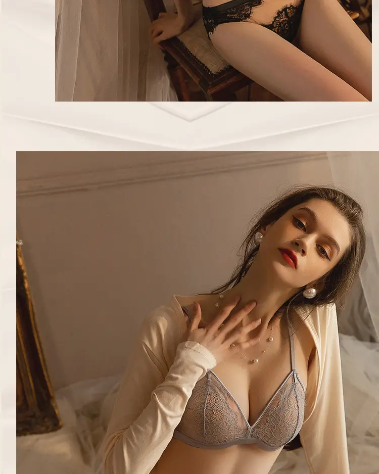 French Style Lace Push-up Underwear Women's Big Chest Small Super Thin Non-rimless Fixed Cup Sexy Pure Desire Bra suit — feature 9