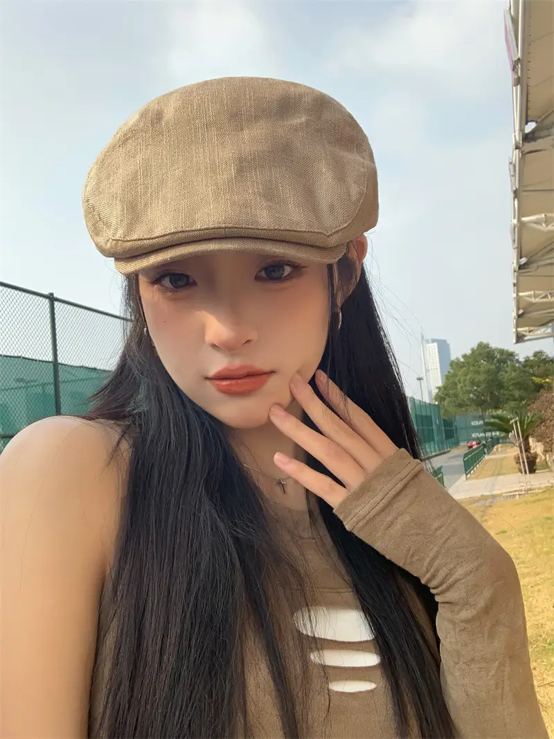 Japanese Linen Beret Cap for Men Women 4S Brown — feature 7