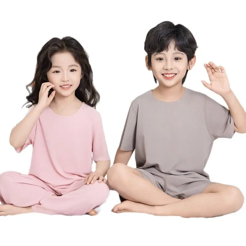 Summer New Style Boys' Short-Sleeved Loose Seamless Ice Silk Home Clothes Children's Two-Piece Set Girls' Pajamas Set Wholesale