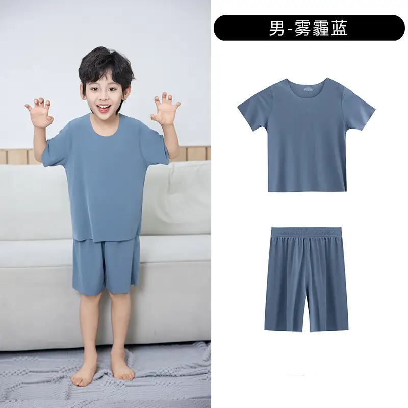 Summer New Style Boys' Short-Sleeved Loose Seamless Ice Silk Home Clothes Children's Two-Piece Set Girls' Pajamas Set Wholesale