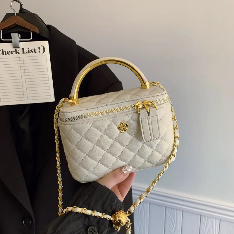 White Rhombic Crossbody Bag with Gold Chain - Image 9
